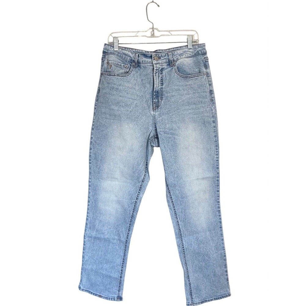 Frye HR Straight Leg Jeans Womens 10/30 Light Wash Stretch Denim Leather Patch